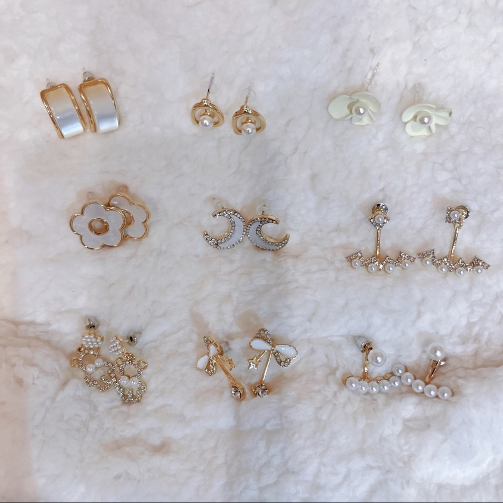 Cute earring set with pearl and crystal decorations 9 pieces